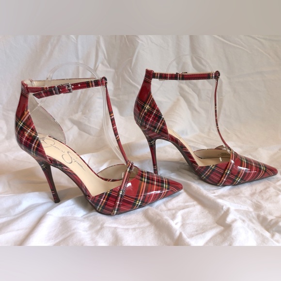 JESSICA SIMPSON Wilrou Plaid Patent T-Strap Heels - Picture 4 of 16